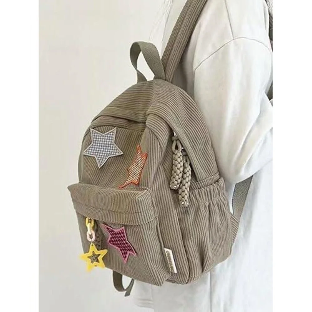 Khaki Corduroy Star Patch Backpack Y2K Aesthetic School Bag Tan Checkered Stars